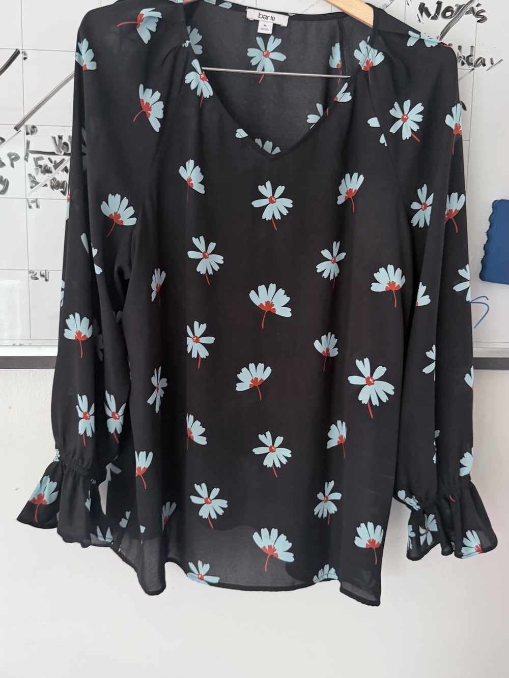 Bar III Black Long Sleeve V-Neck Blouse with Blue Floral Print